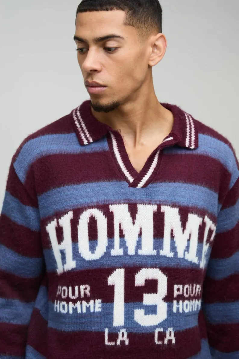 Flash Sale boohooMAN Oversized Brushed Striped V Neck Knit Polo burgundy