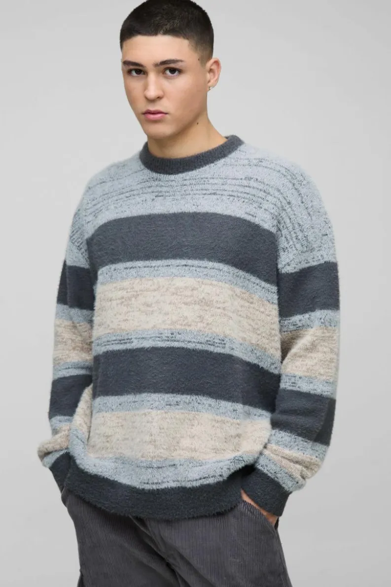 Hot boohooMAN Oversized Brushed Stripe Knitted Jumper stone