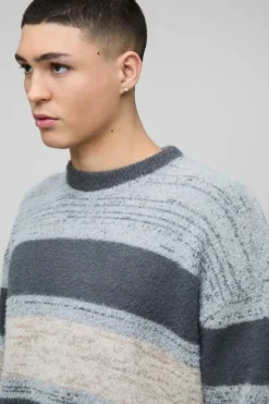 Hot boohooMAN Oversized Brushed Stripe Knitted Jumper stone