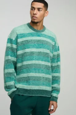 Hot boohooMAN Oversized Brushed Stripe Knitted Jumper green