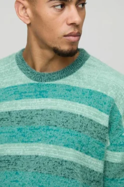 Hot boohooMAN Oversized Brushed Stripe Knitted Jumper green