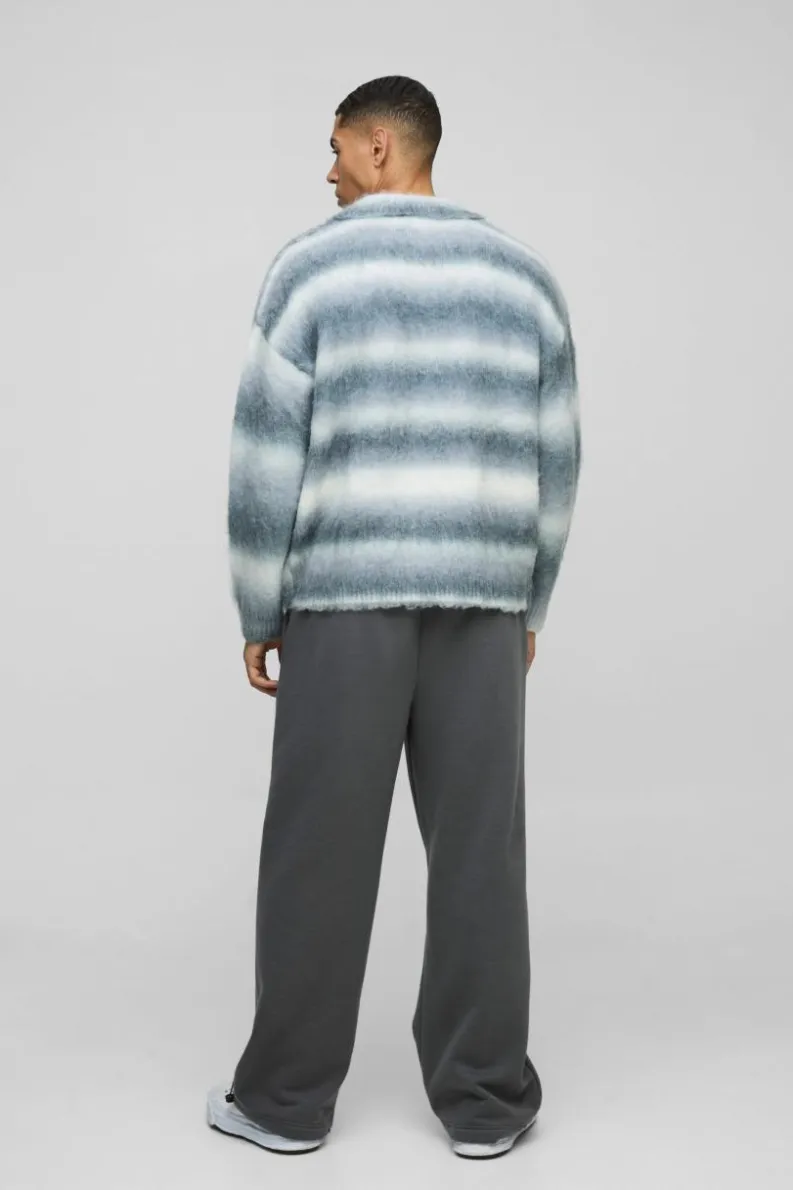 Best Sale boohooMAN Oversized Brushed Stripe Knitted Rugby Polo grey