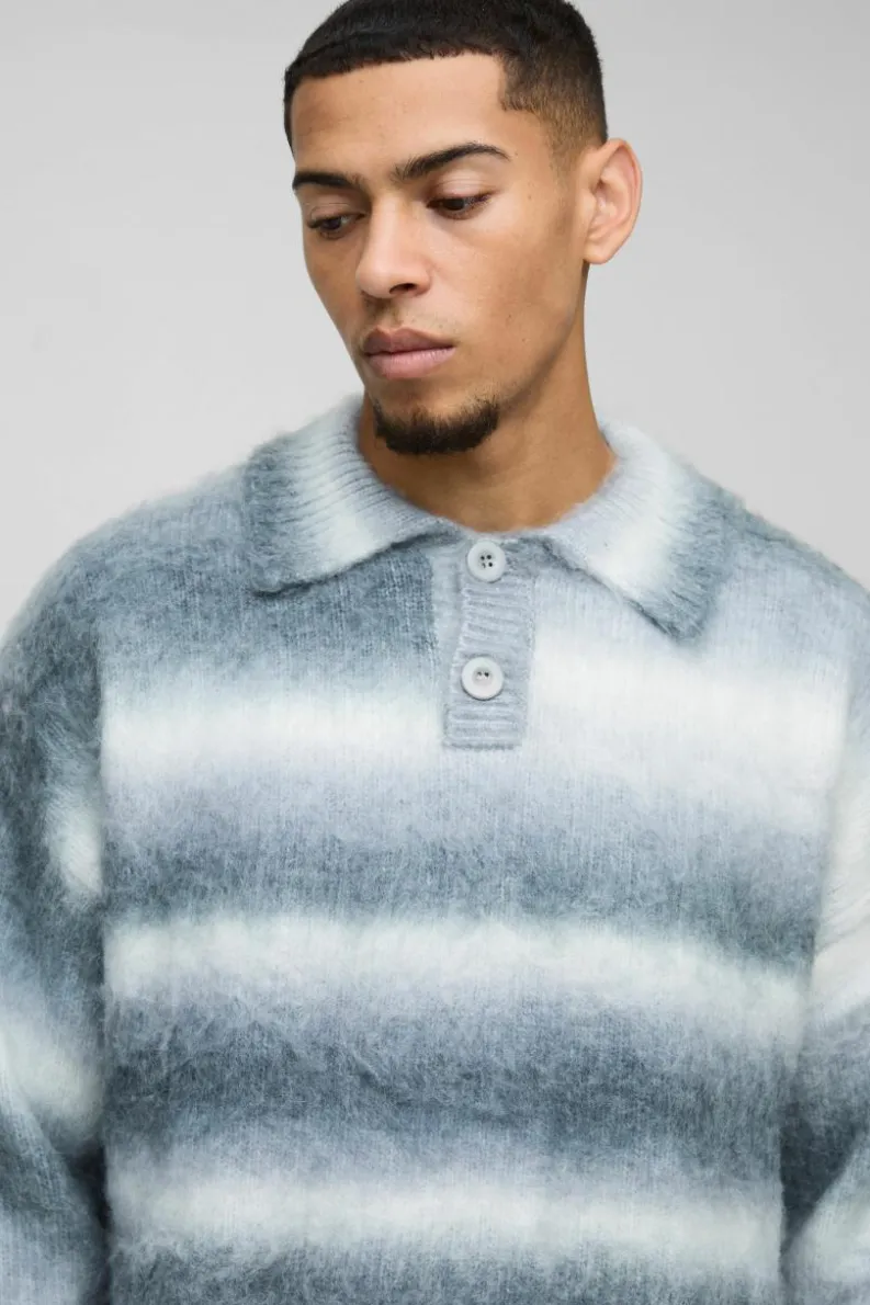 Best Sale boohooMAN Oversized Brushed Stripe Knitted Rugby Polo grey