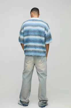Shop boohooMAN Oversized Brushed Stripe Short Sleeve Knitted Polo blue