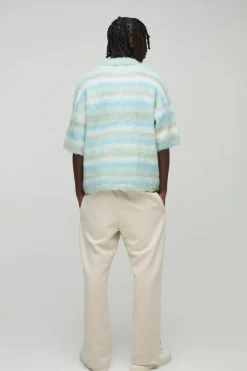 Fashion boohooMAN Oversized Brushed Stripe Short Sleeve Knitted Polo green