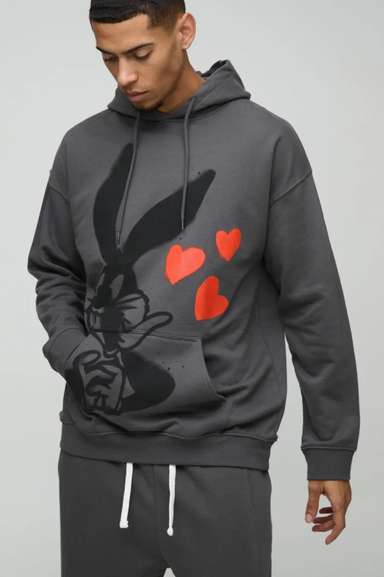 Fashion boohooMAN Oversized Bugs Bunny License Print Hoodie charcoal