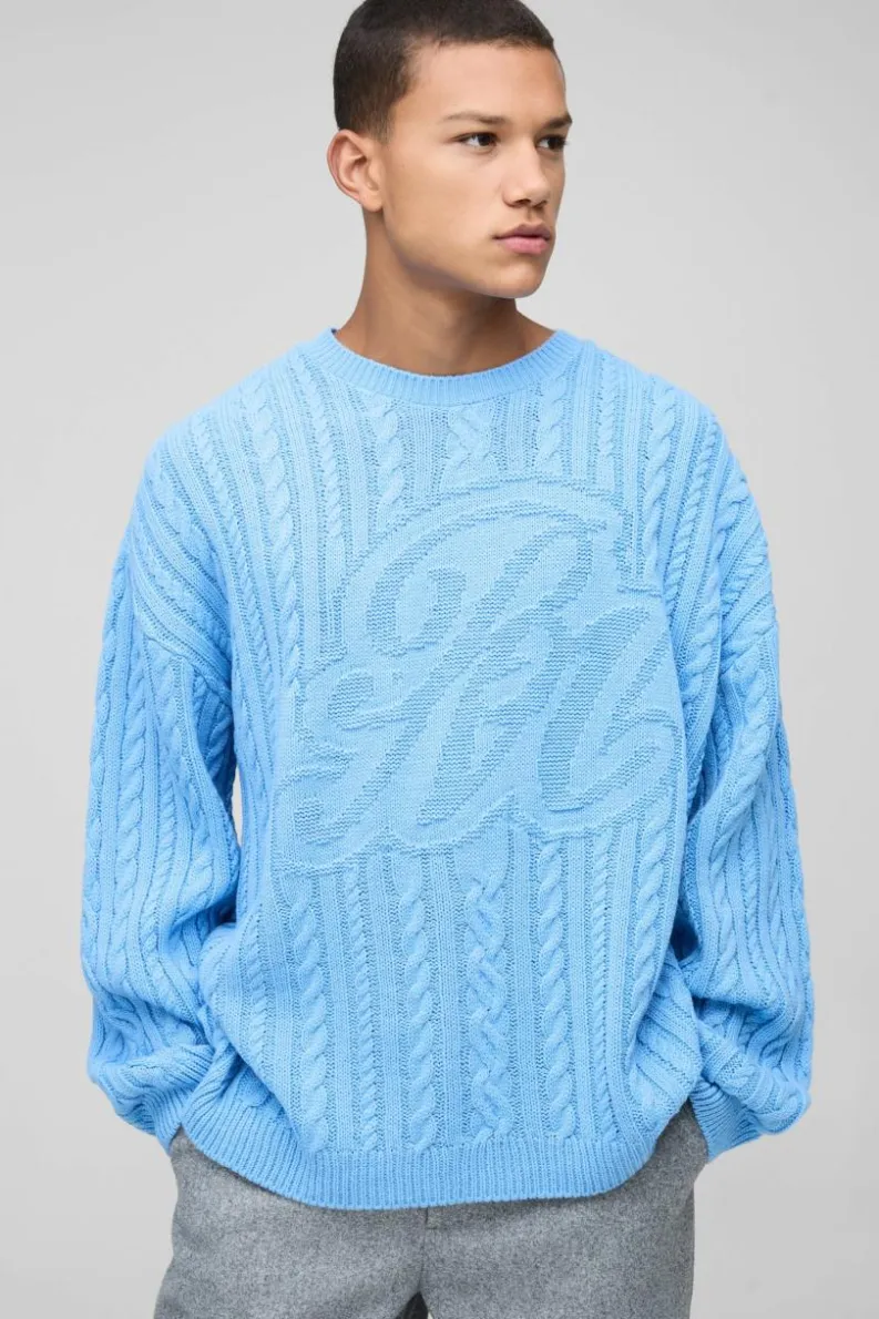 Cheap boohooMAN Oversized Cable Knit BM Crew Neck Knit Jumper blue