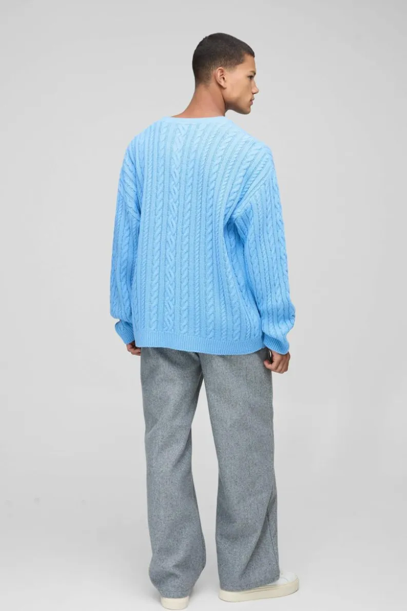 Cheap boohooMAN Oversized Cable Knit BM Crew Neck Knit Jumper blue