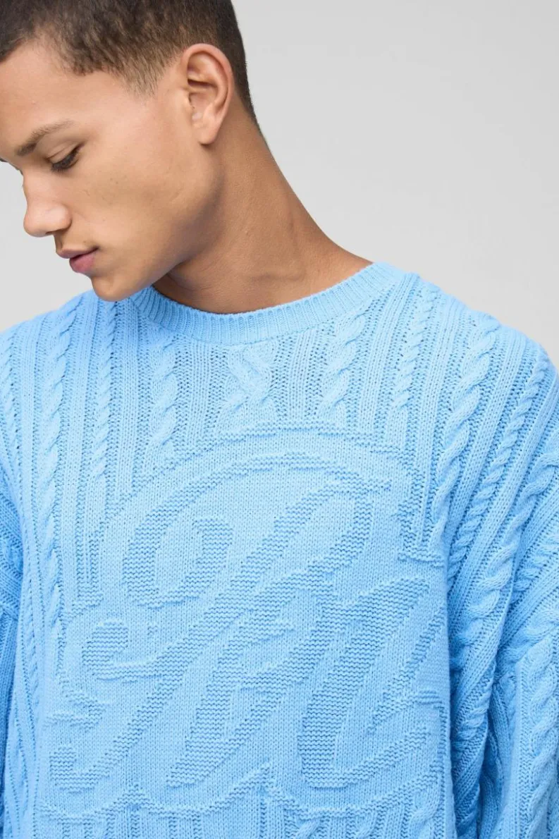 Cheap boohooMAN Oversized Cable Knit BM Crew Neck Knit Jumper blue