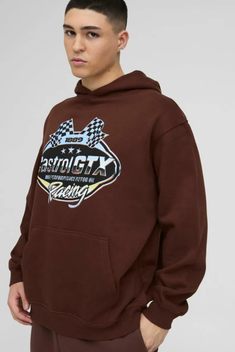 New boohooMAN Oversized Castrol Racing License Print Hoodie chocolate