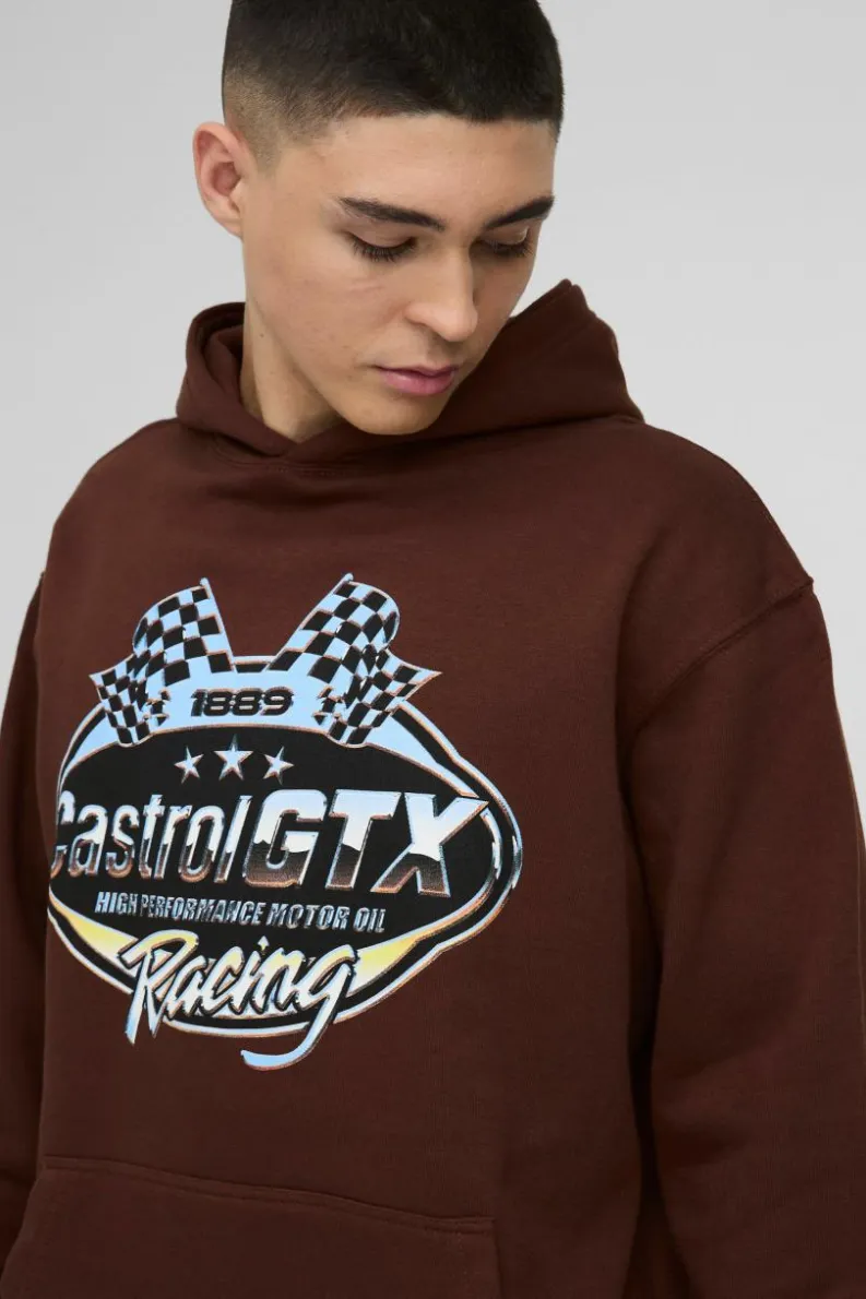 New boohooMAN Oversized Castrol Racing License Print Hoodie chocolate