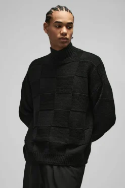 Discount boohooMAN Oversized Check Funnel Neck Knitted Jumper black
