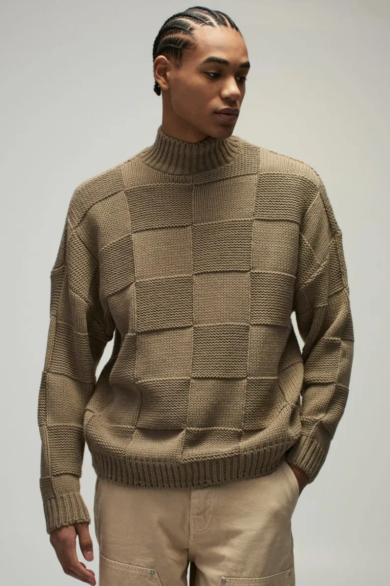 Shop boohooMAN Oversized Check Funnel Neck Knitted Jumper stone