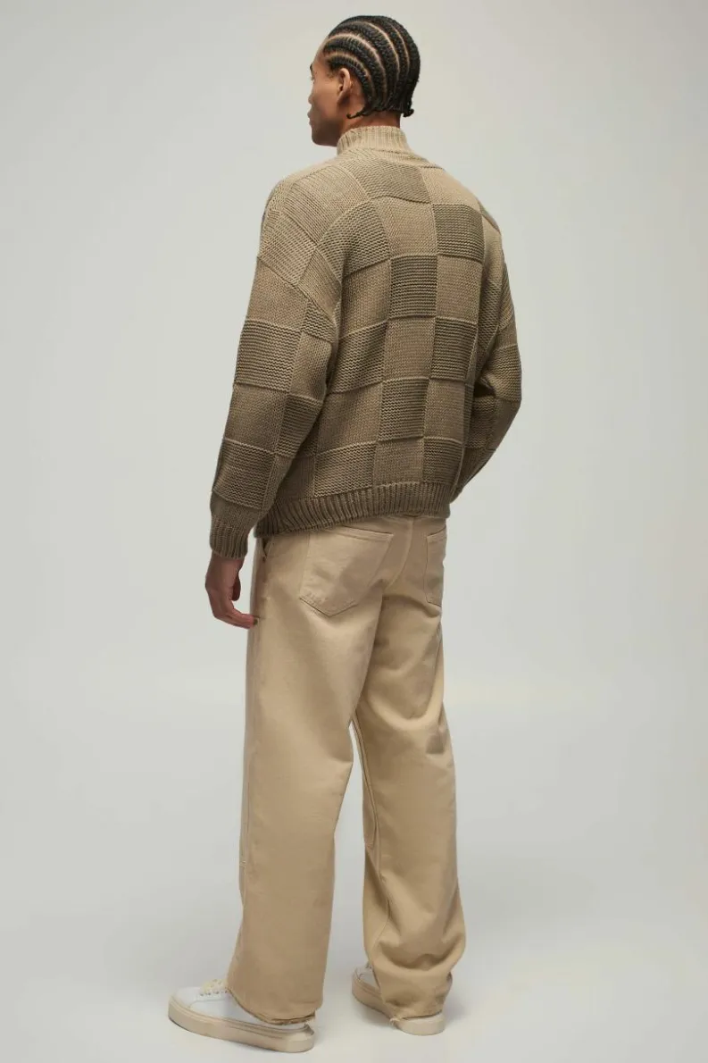 Shop boohooMAN Oversized Check Funnel Neck Knitted Jumper stone