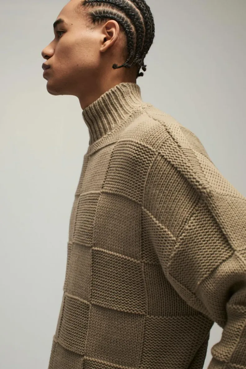 Shop boohooMAN Oversized Check Funnel Neck Knitted Jumper stone