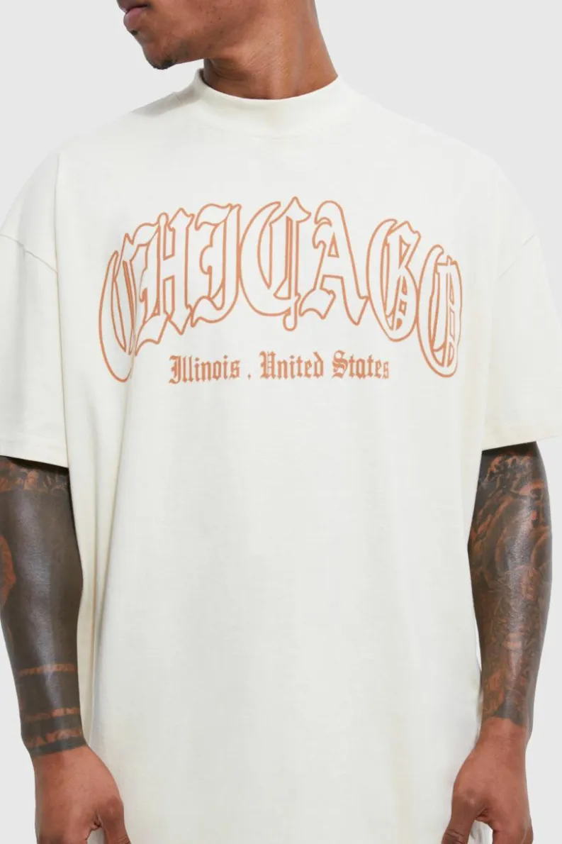 Sale boohooMAN Oversized Chicago Print T-shirt sand