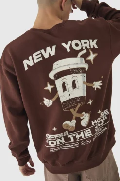 Store boohooMAN Oversized Coffee House Graphic Sweatshirt chocolate