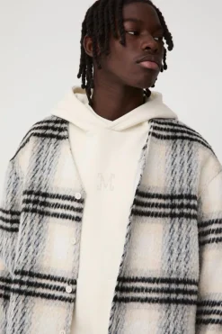 New boohooMAN Oversized Collarless Brushed Check Overshirt ecru