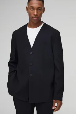 Hot boohooMAN Oversized Collarless Pleated Blazer black