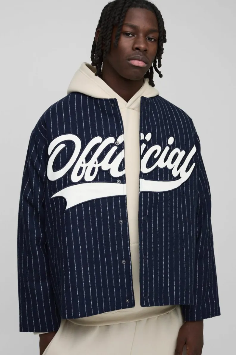 Shop boohooMAN Oversized Collarless Stripe Baseball Varsity Jacket navy