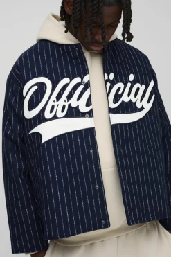 Shop boohooMAN Oversized Collarless Stripe Baseball Varsity Jacket navy