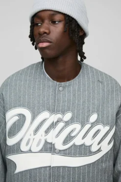 Best boohooMAN Oversized Collarless Stripe Baseball Varsity Jacket grey