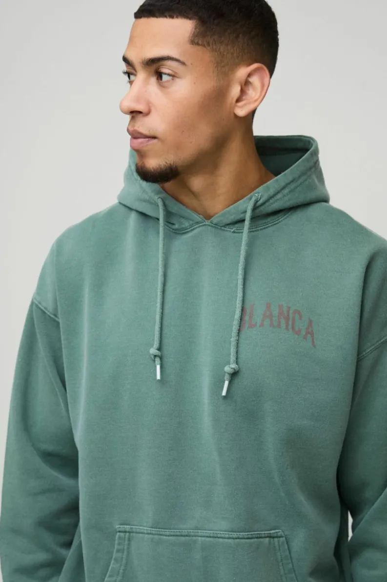 Clearance boohooMAN Oversized Colorado Mountains Graphic Washed Hoodie forest