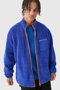 Cheap boohooMAN Oversized Contrast Borg Jacket blue