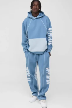 Best Sale boohooMAN Oversized Contrast Stitch Colour Block Official Embroidered Tracksuit light blue