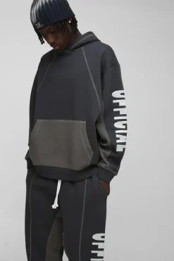Fashion boohooMAN Oversized Contrast Stitch Colour Block Official Embroidered Tracksuit charcoal