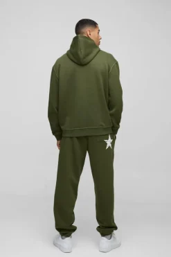 Clearance boohooMAN Oversized Contrast Stitch Limited Edition Printed Hooded Tracksuit khaki