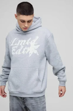 Shop boohooMAN Oversized Contrast Stitch Limited Edition Printed Hoodie grey
