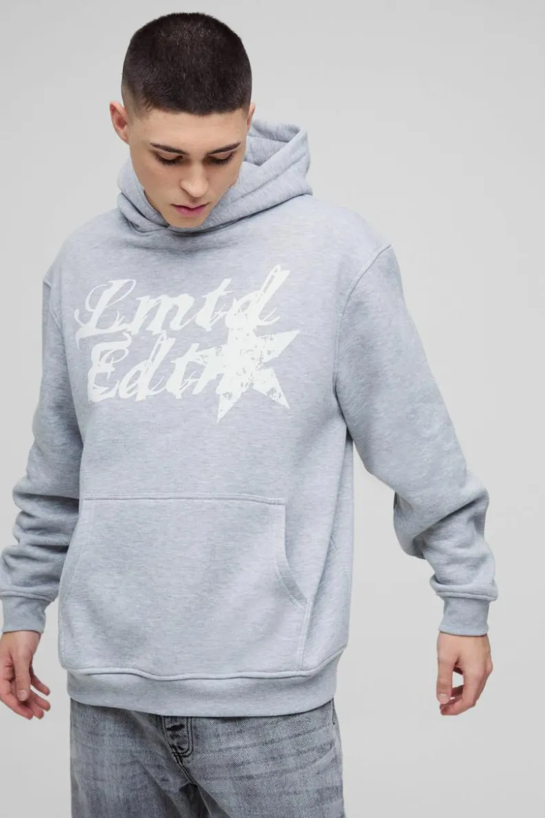 Shop boohooMAN Oversized Contrast Stitch Limited Edition Printed Hoodie grey