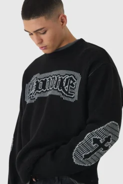 Online boohooMAN Oversized Crew Neck Homme Distressed Cross Knitted Jumper black
