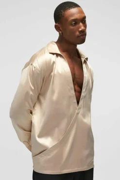 Hot boohooMAN Oversized Deep V Satin Shirt taupe