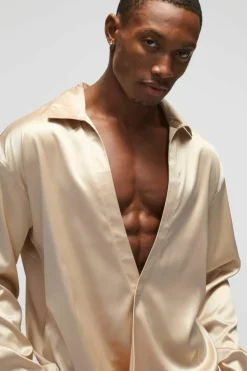 Hot boohooMAN Oversized Deep V Satin Shirt taupe