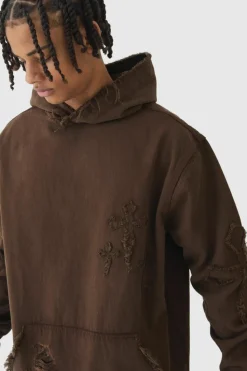 Hot boohooMAN Oversized Denim Applique Cross Dirty Wash Hoodie brown