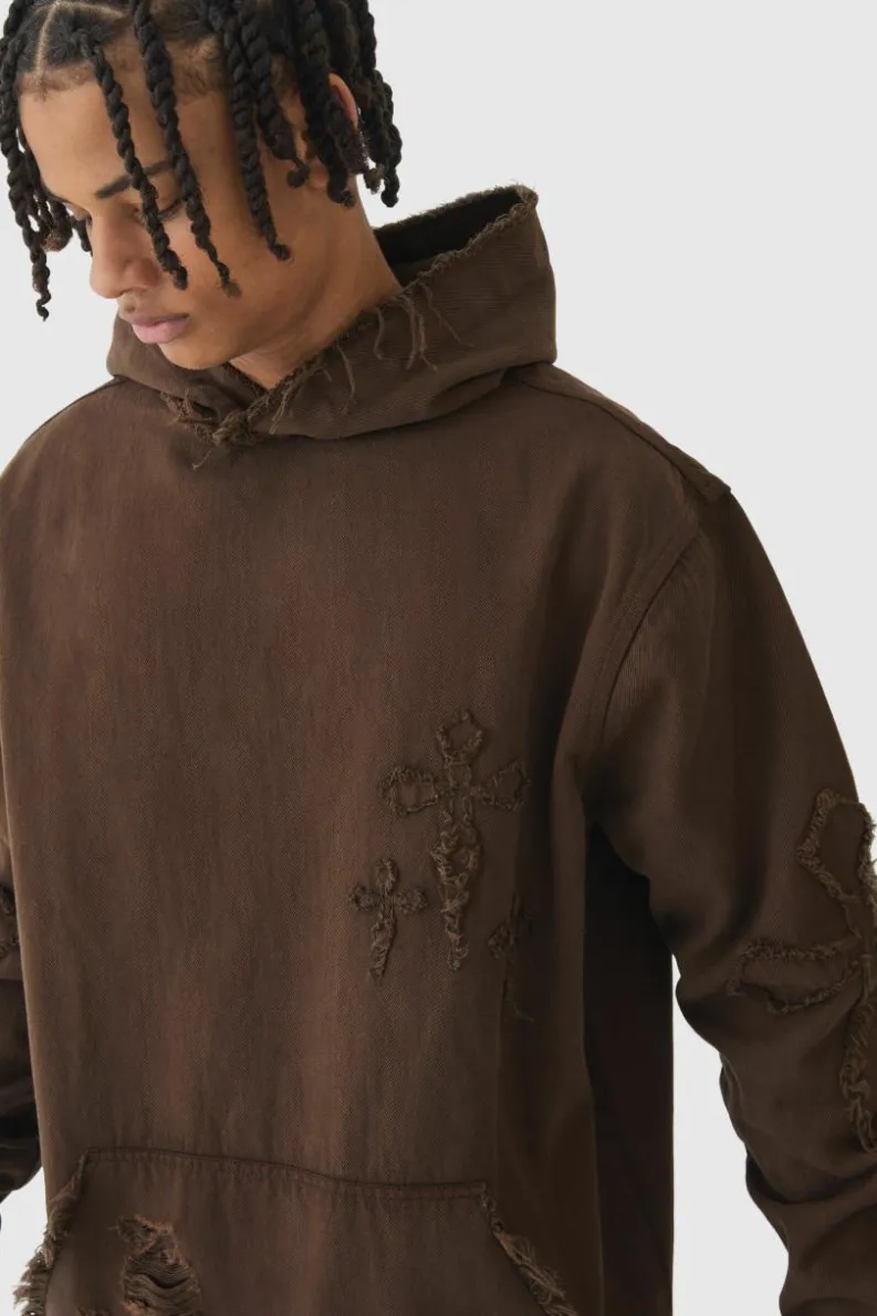 Hot boohooMAN Oversized Denim Applique Cross Dirty Wash Hoodie brown