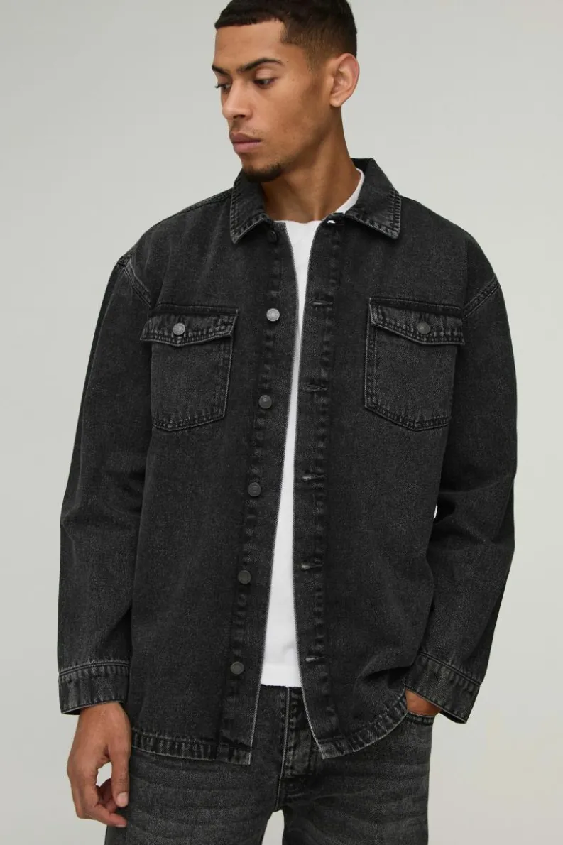 Cheap boohooMAN Oversized Denim Back Embroidered Shirt charcoal