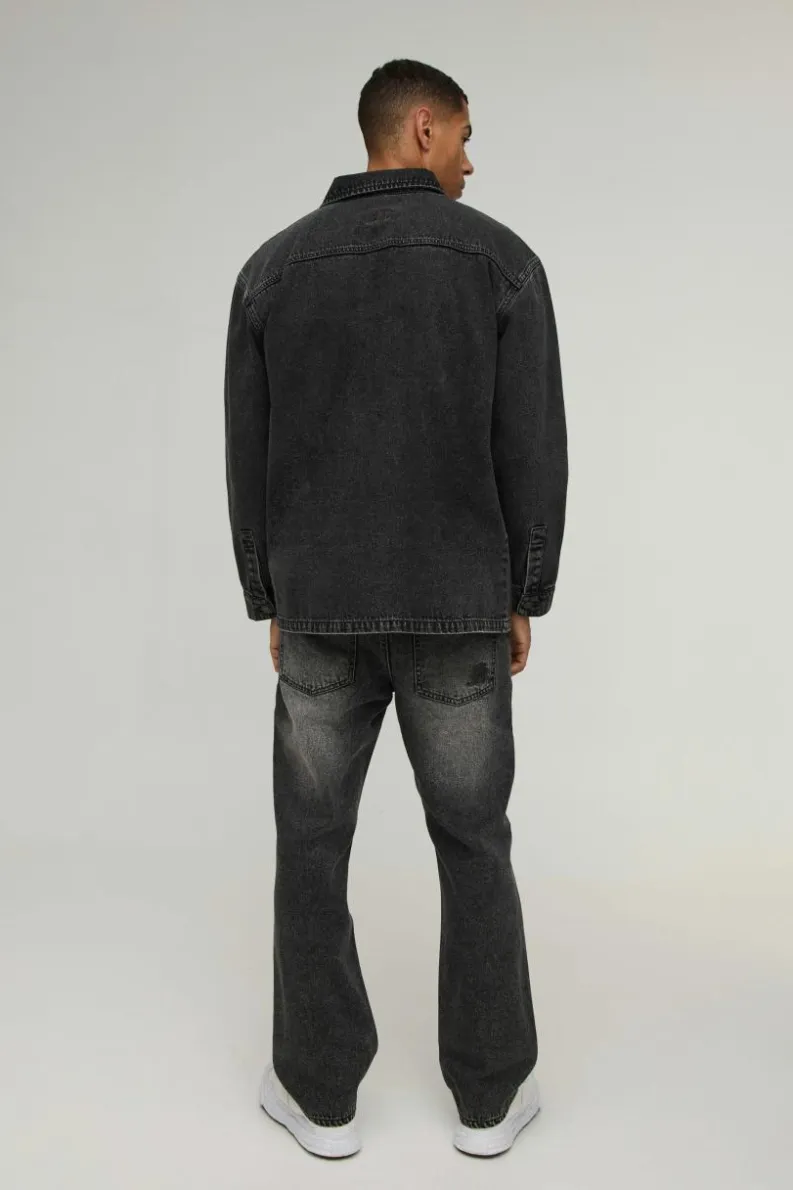 Cheap boohooMAN Oversized Denim Back Embroidered Shirt charcoal