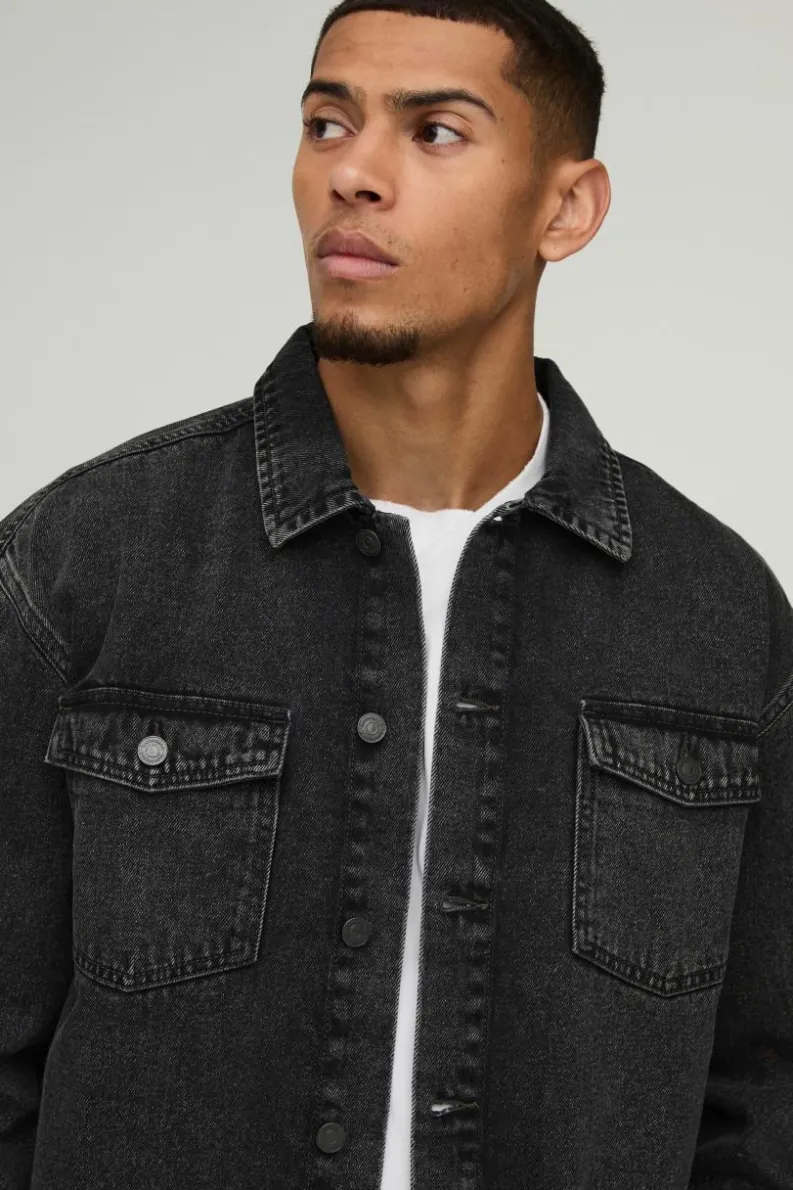 Cheap boohooMAN Oversized Denim Back Embroidered Shirt charcoal
