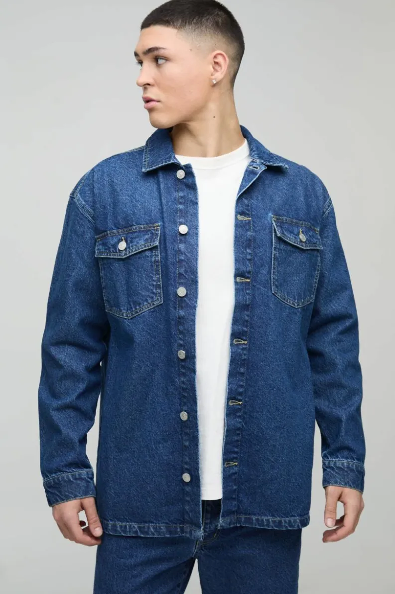 Cheap boohooMAN Oversized Denim Back Embroidered Shirt mid blue