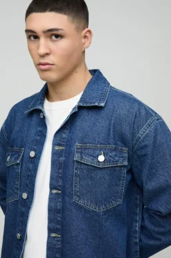 Cheap boohooMAN Oversized Denim Back Embroidered Shirt mid blue