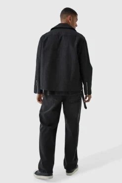 Discount boohooMAN Oversized Denim Biker Jacket washed black