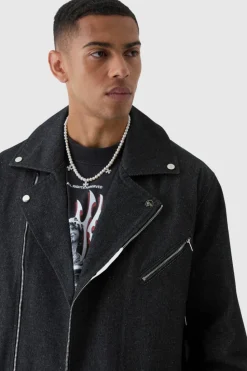 Discount boohooMAN Oversized Denim Biker Jacket washed black