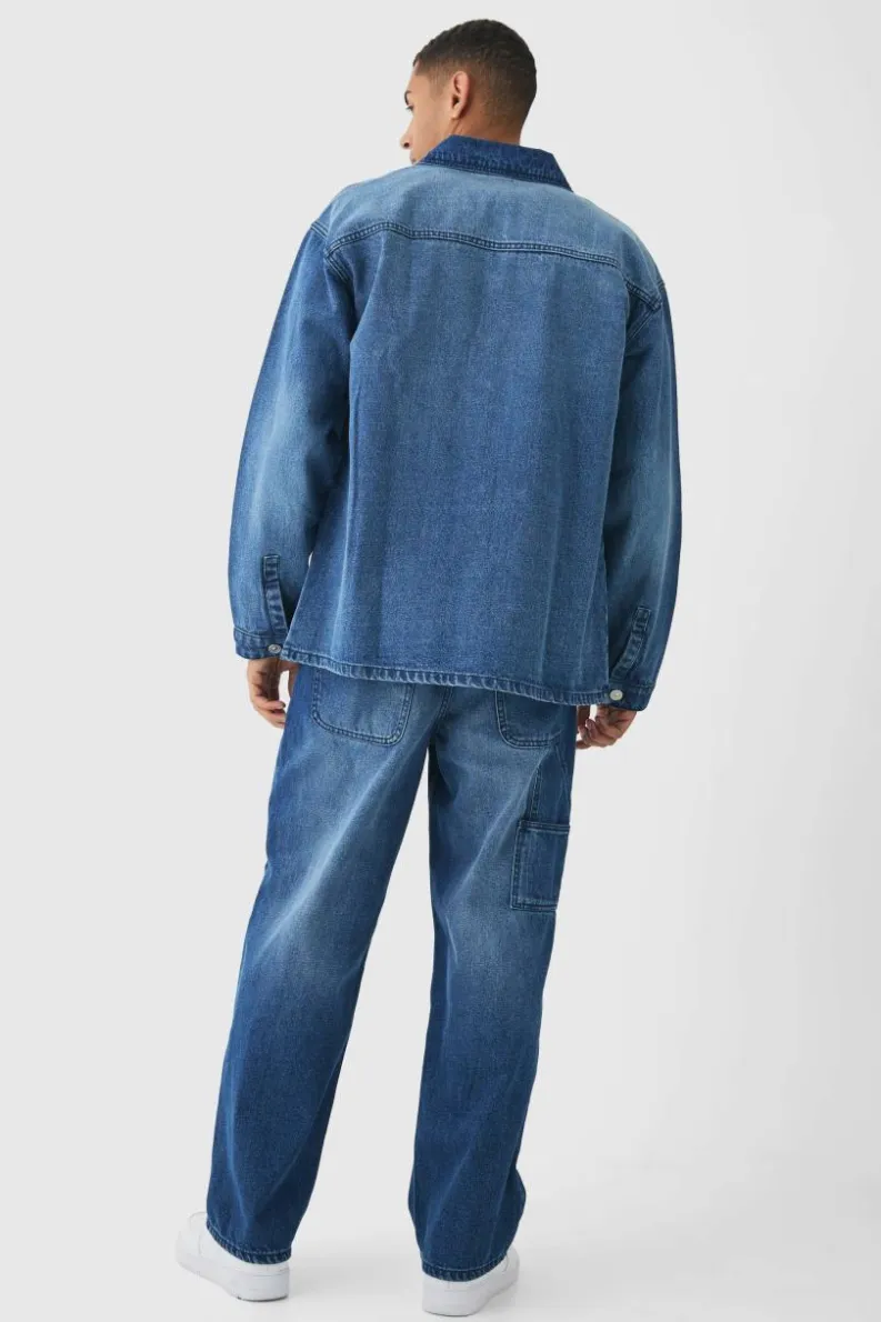 Online boohooMAN Oversized Denim Carpenter Dyed Overshirt mid blue