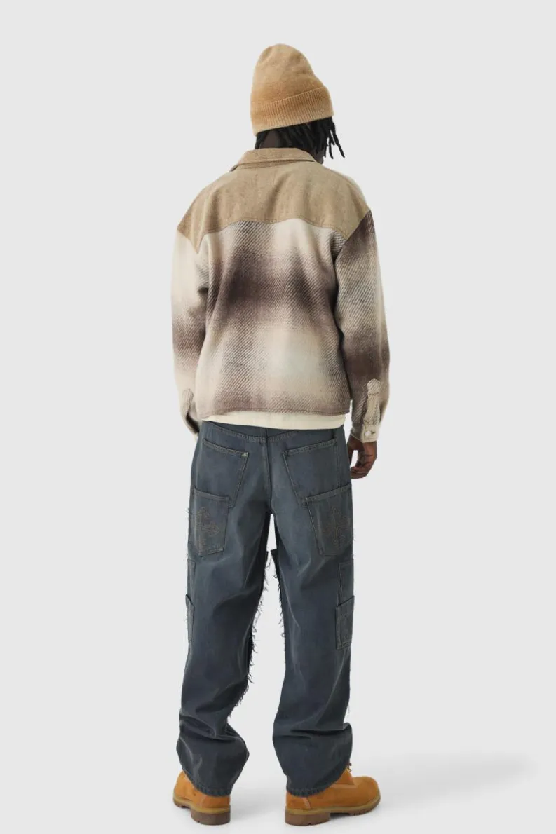 Outlet boohooMAN Oversized Denim Checked Quilted Overshirt sand