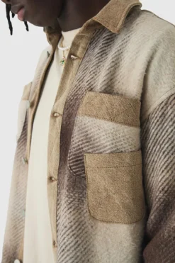 Outlet boohooMAN Oversized Denim Checked Quilted Overshirt sand