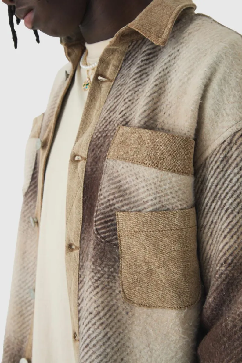 Outlet boohooMAN Oversized Denim Checked Quilted Overshirt sand
