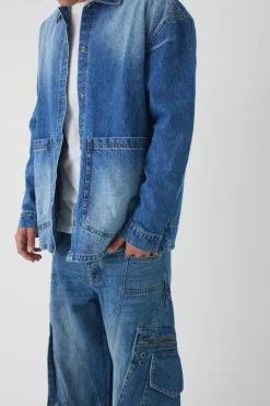 Online boohooMAN Oversized Denim Overshirt mid blue